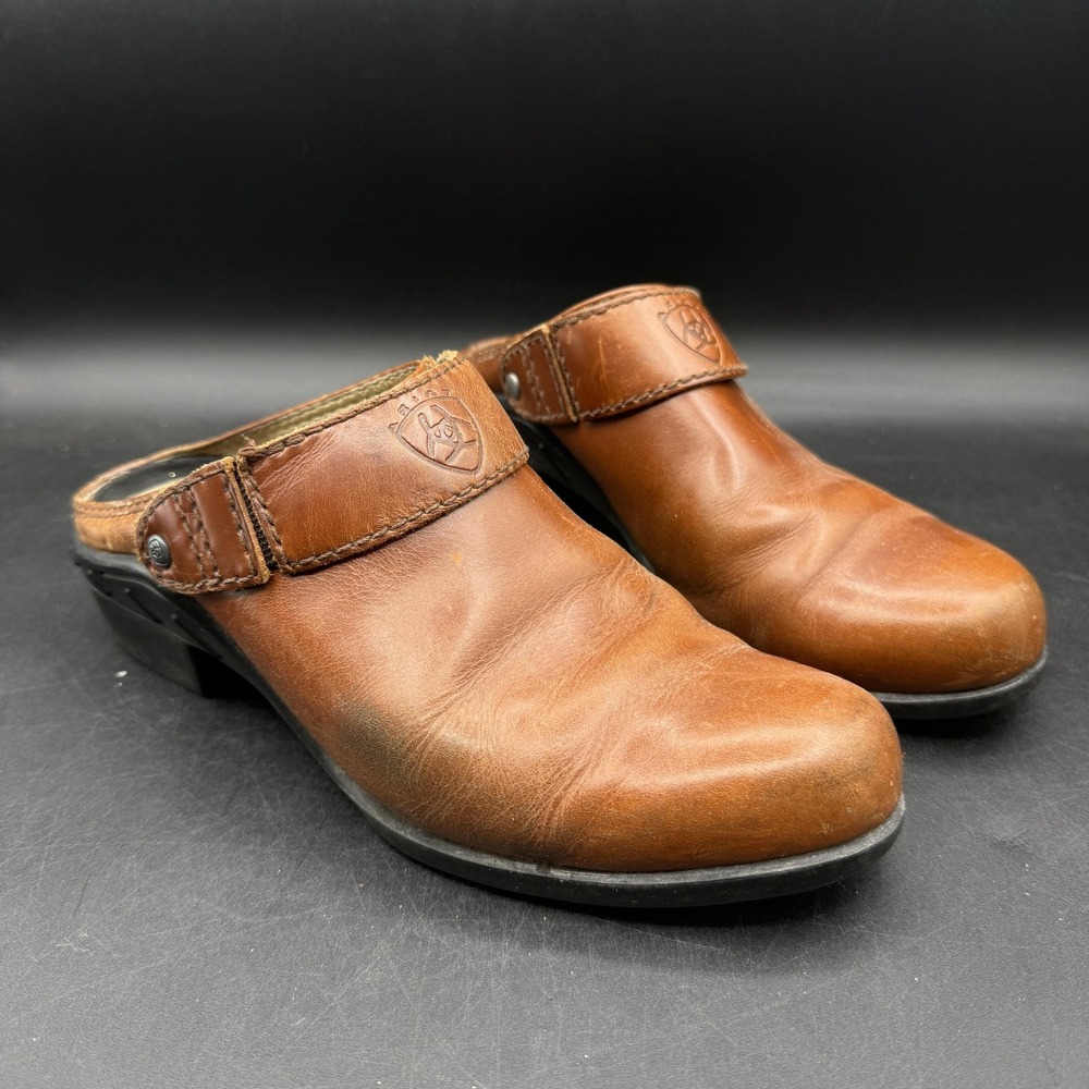 Ariat Leather Slip On Mules Women Size 7 Brown Low Block Heel Clogs Boho